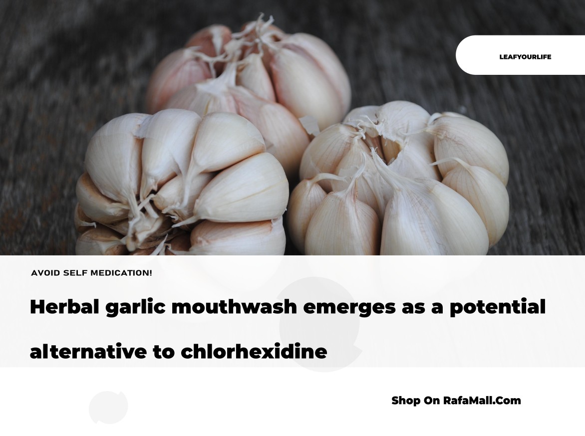 A close-up of fresh garlic cloves and a bottle of herbal mouthwash, symbolizing garlic's potential as a natural antimicrobial alternative for oral hygiene.