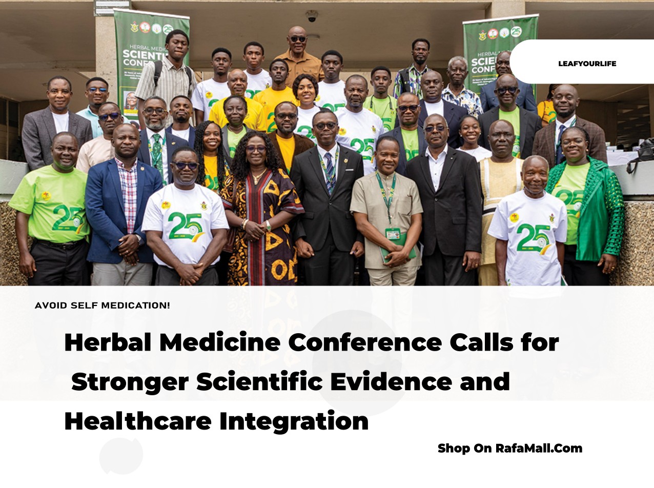 Academics and healthcare professionals discussing herbal medicine research and integration at a conference podium at KNUST, Ghana.
