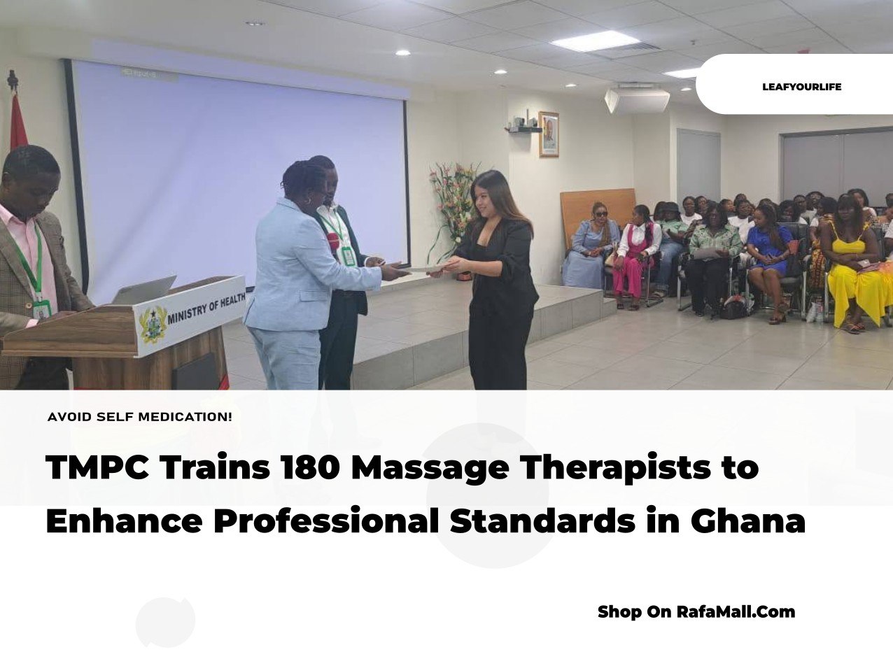 180 massage therapists attending a professional development training session organized by the TMPC in Accra, Ghana, focusing on advanced skills and ethical practice.