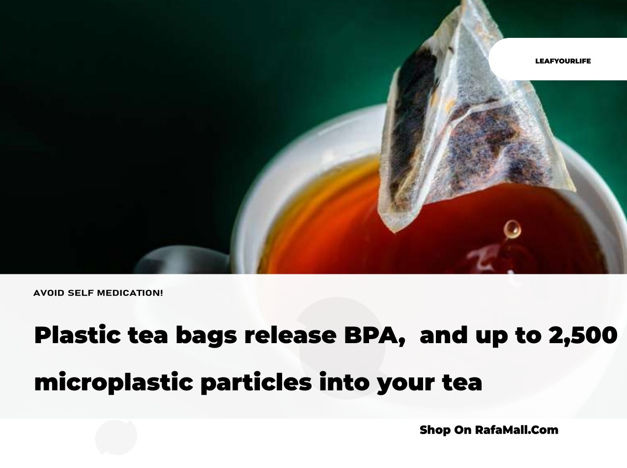 A close-up of a tea bag steeping in a hot cup of tea, with tiny plastic particles visibly swirling around it, illustrating microplastic release.
