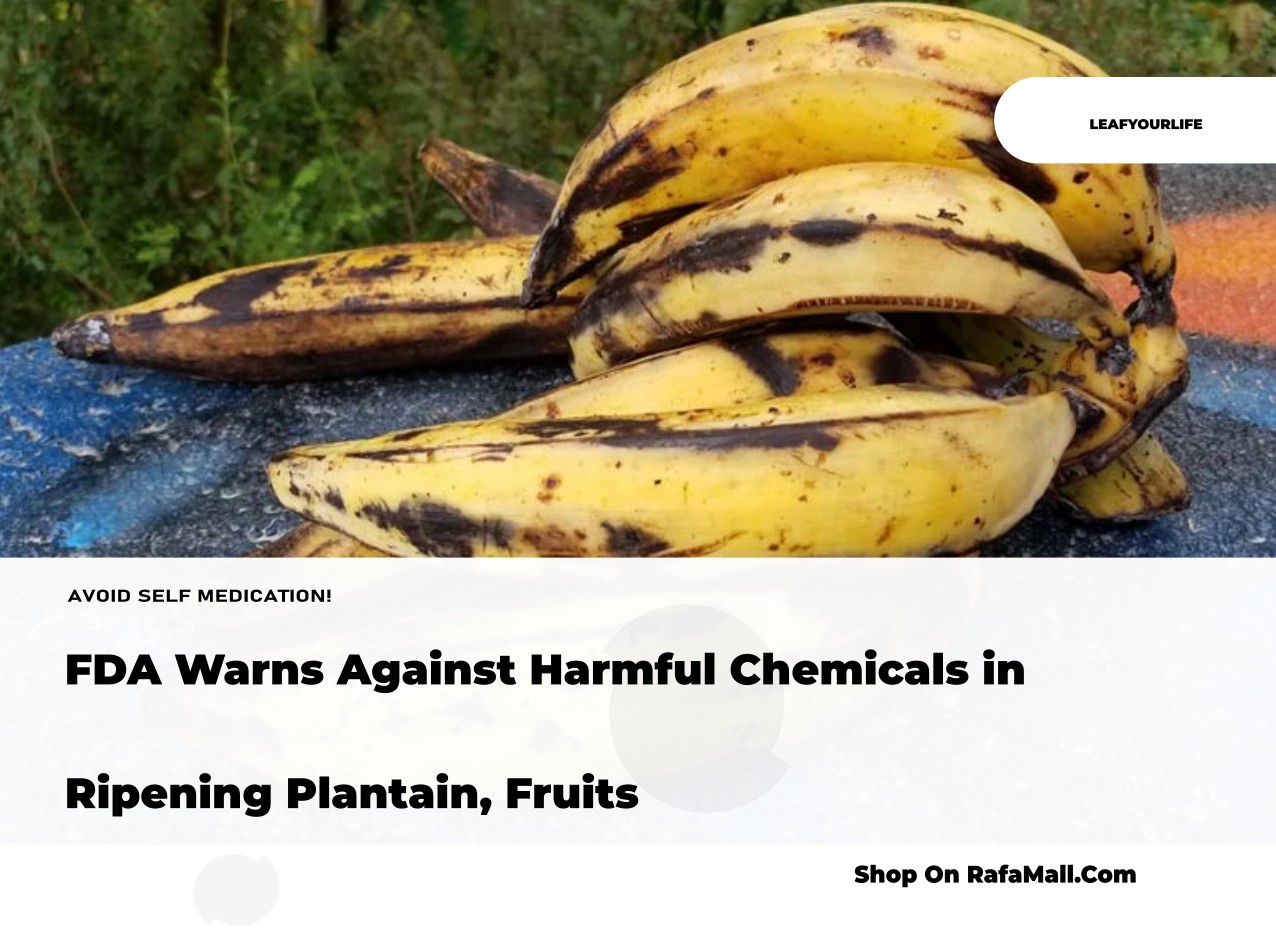A hand holding a bunch of green plantains, with a chemical spray bottle blurred in the background, illustrating the FDA's warning against artificial ripening.