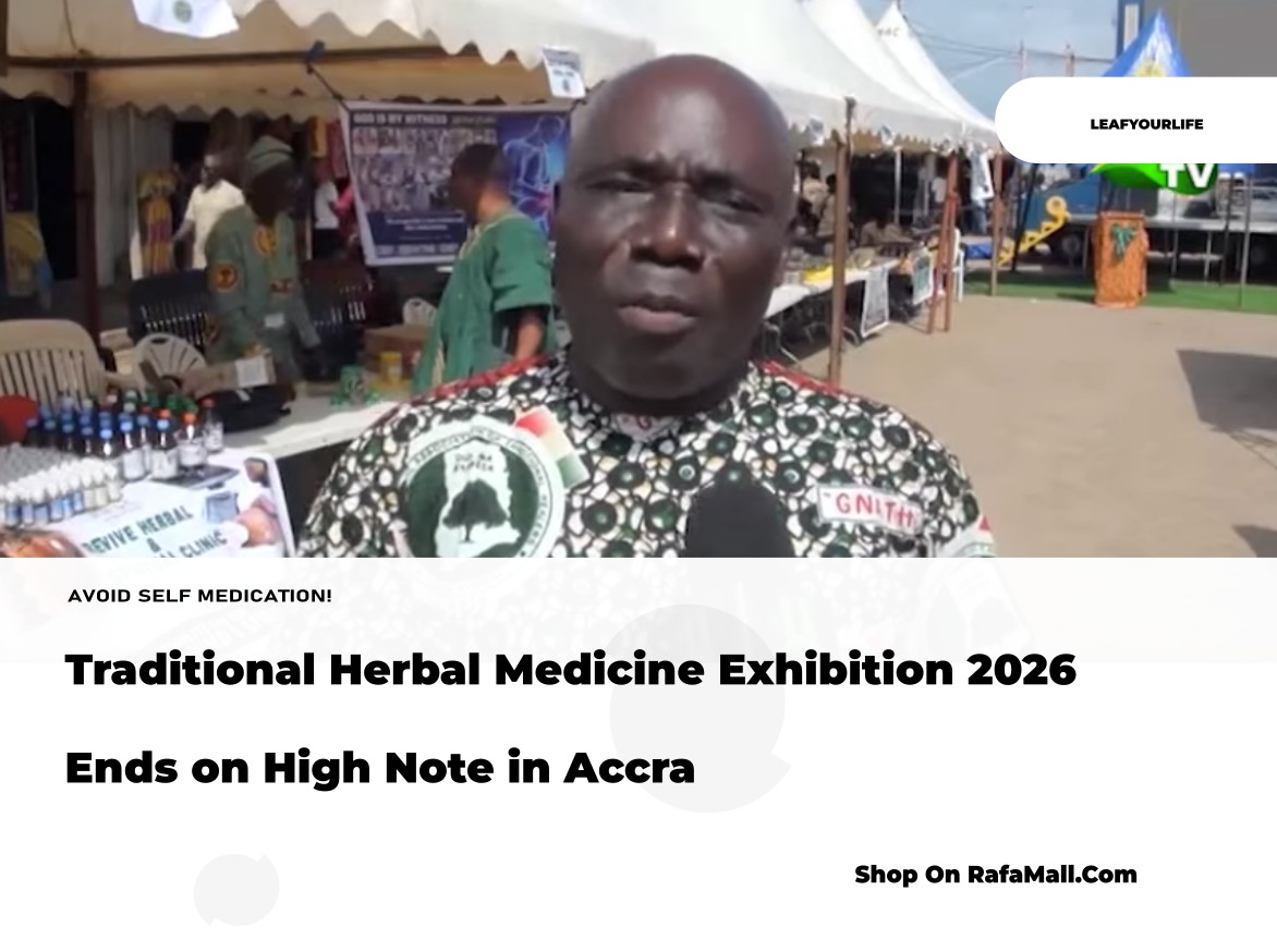 Attendees and exhibitors at the Traditional Herbal Medicine Exhibition 2026 in Accra, showcasing various Ghanaian herbal products and engaging in discussions.