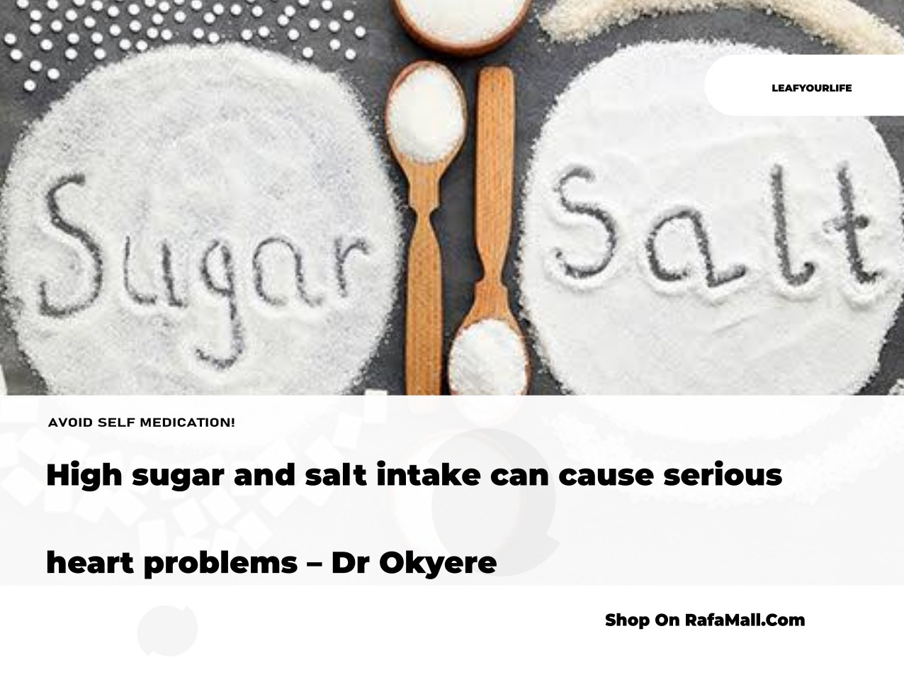 A person holding their chest, illustrating heart health awareness, with text about reducing sugar and salt intake for a healthy heart.