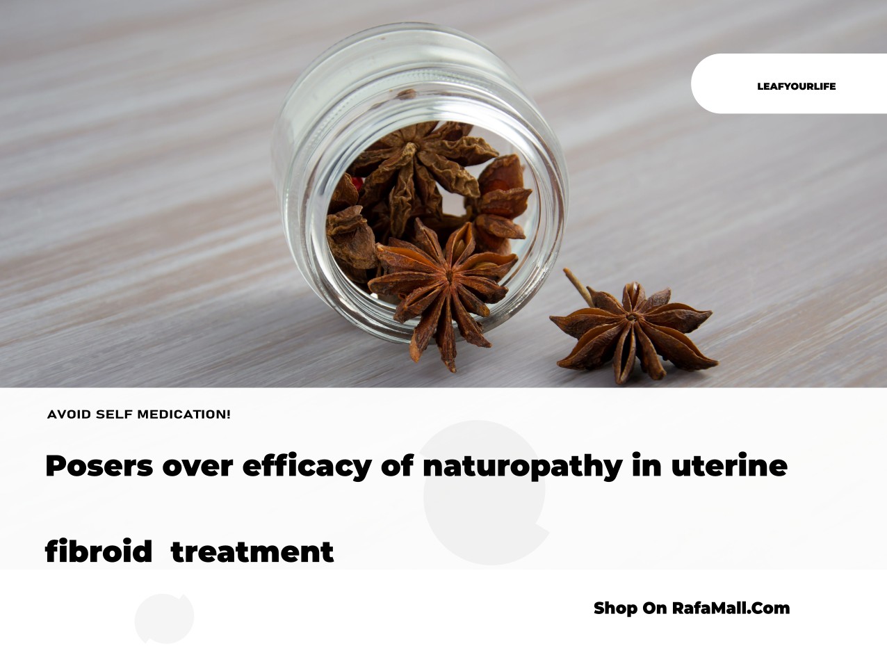 A woman holding a traditional herbal remedy, with plants and leaves in the background, representing naturopathy for uterine fibroids.
