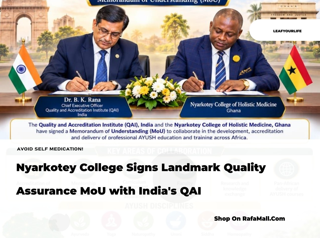 Representatives from Nyarkotey College of Holistic Medicine, Ghana, and Quality and Accreditation Institute (QAI), India, signing an MoU.