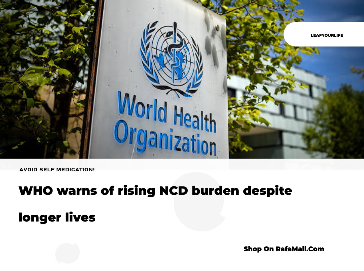 A graphic illustrating the rising burden of noncommunicable diseases (NCDs) globally, with icons representing heart disease, cancer, and diabetes, alongside a chart showing increasing life expectancy.