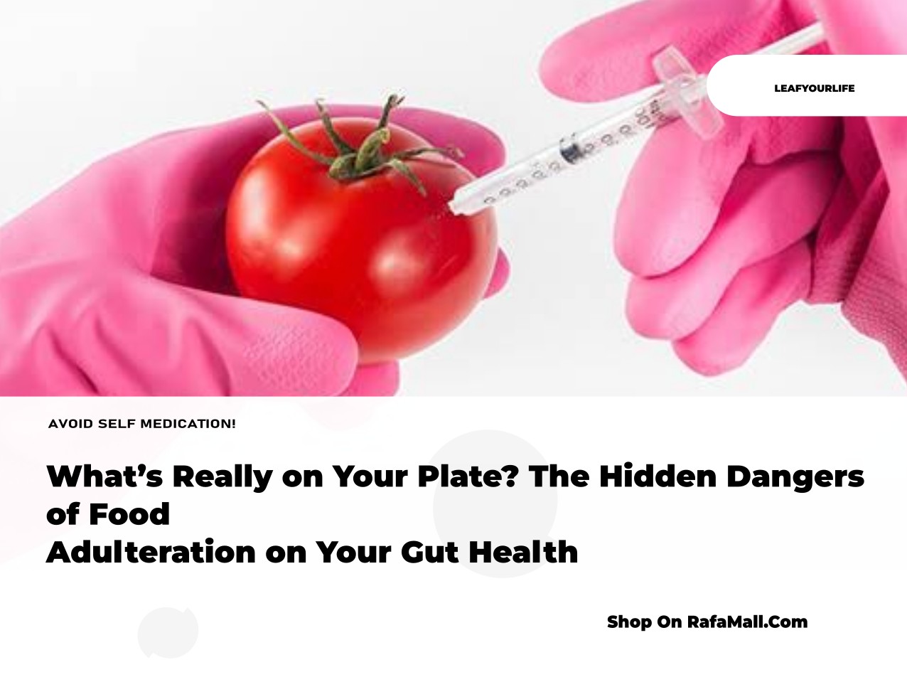 A plate of Ghanaian food with a subtle overlay of chemical symbols, illustrating the hidden dangers of food adulteration on gut health.